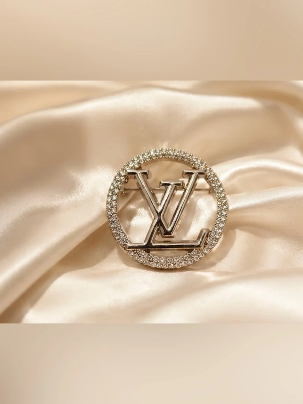 Gold Tone Crystal Circle Monogram Style Statement Brooch Pin